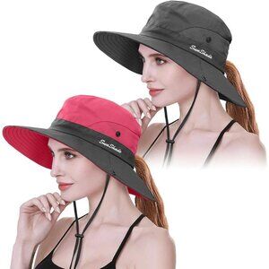 Women's Red & Grey Set Of 2 Wide Brim Mesh Boonie With Chin Strap Cowboy Hat